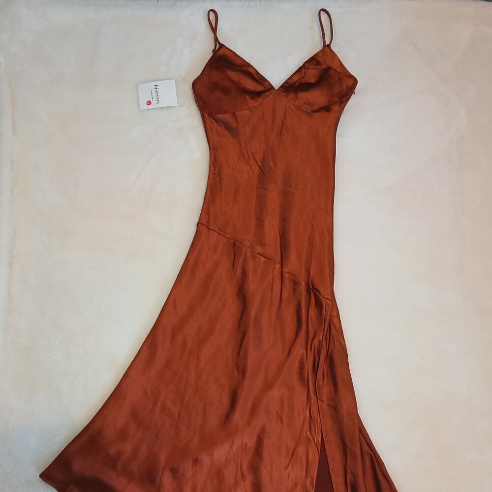 Hkmecri Womens Satin Rust Color V-neck Spaghetti Strap Sexy Midi Slip Dress 😍
